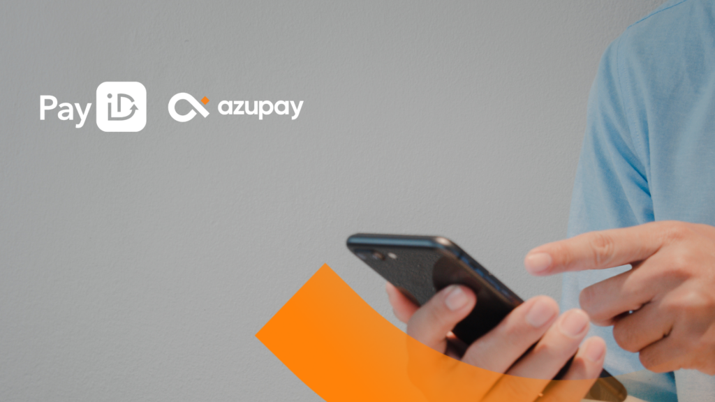 Person using a smartphone alongside the PayID and Azupay logos on a grey background.