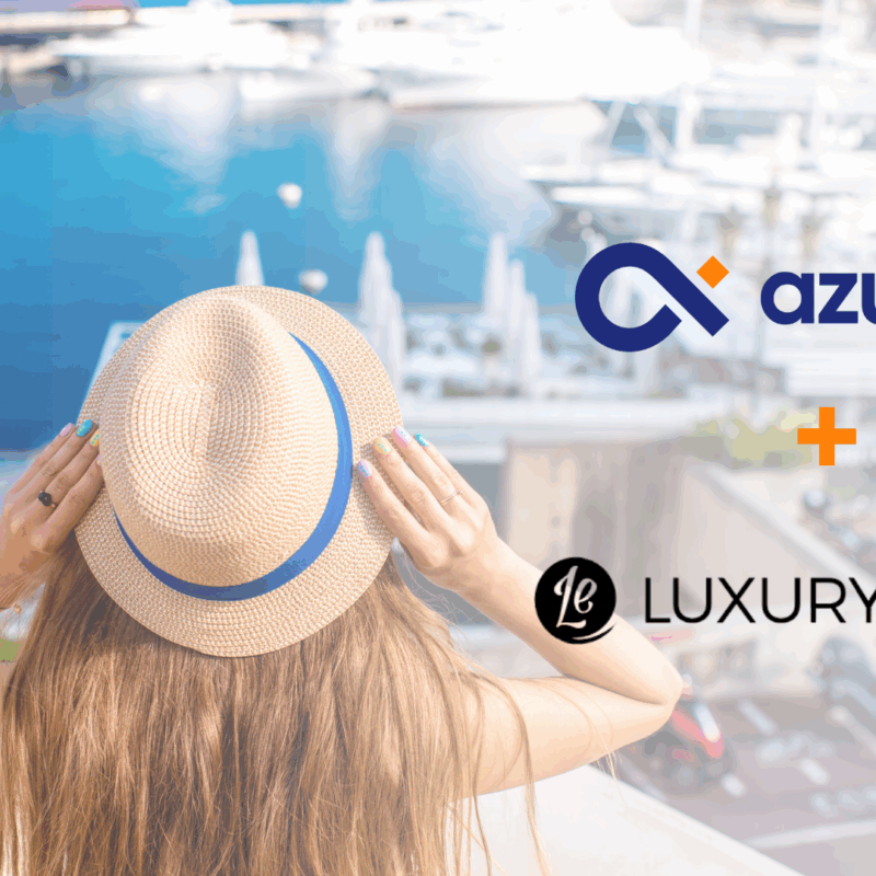 A woman in a straw hat overlooking a luxury marina, with Azupay and Luxury Escapes logos side by side, representing their partnership.