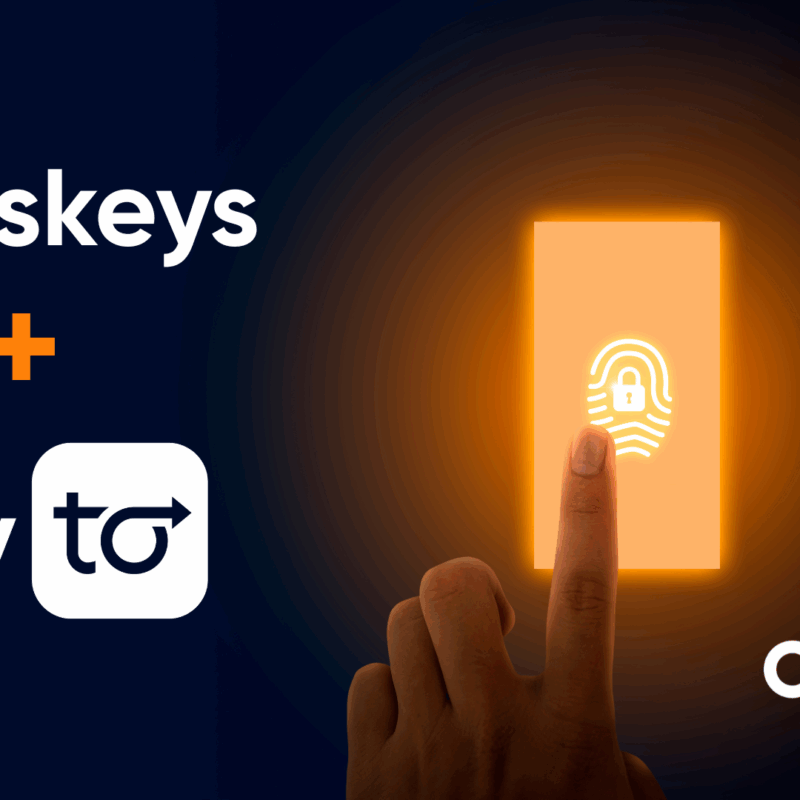Passkeys and PayTo integration visualised with a fingerprint authentication icon and Azupay logo.