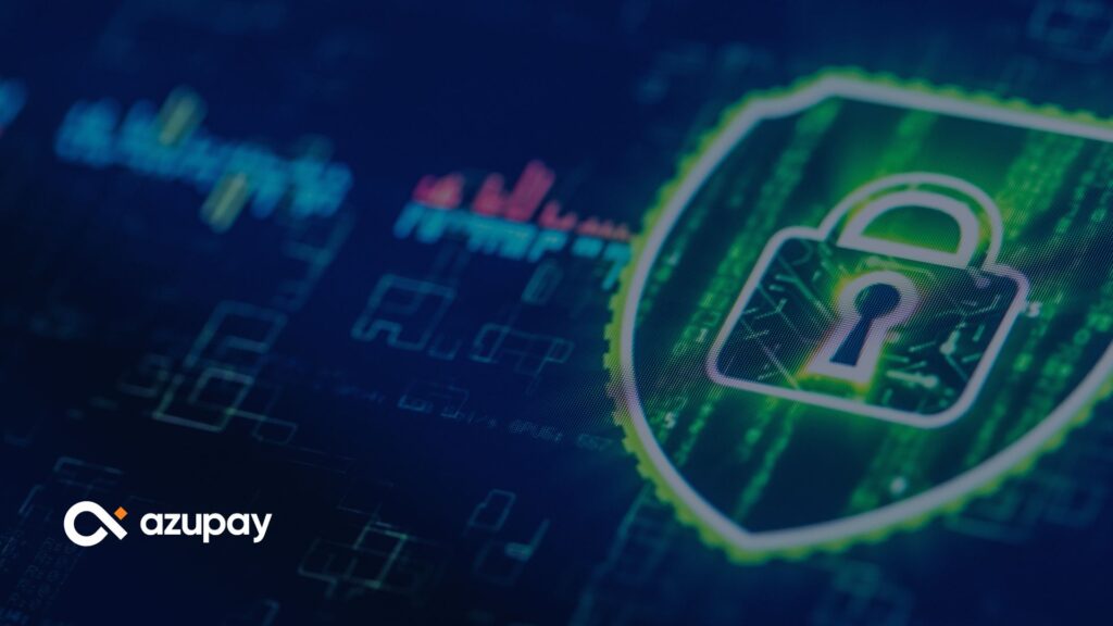 Azupay banner featuring a glowing green digital padlock inside a shield on a dark blue background with the Azupay logo in the corner for Scams Awareness Week.